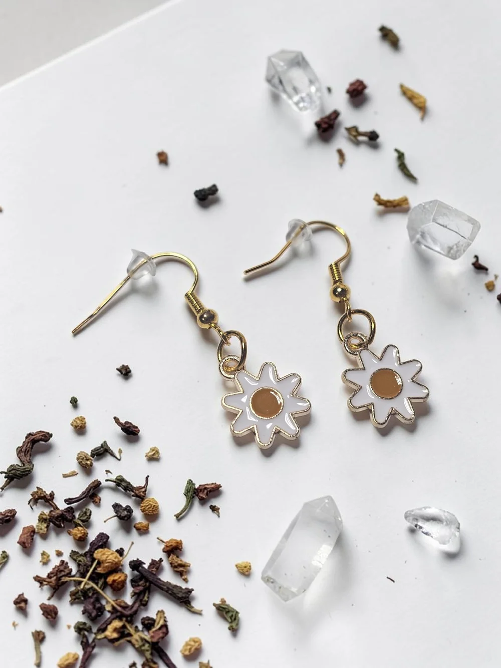 Gold Daisy Drop Earrings with White Enamel